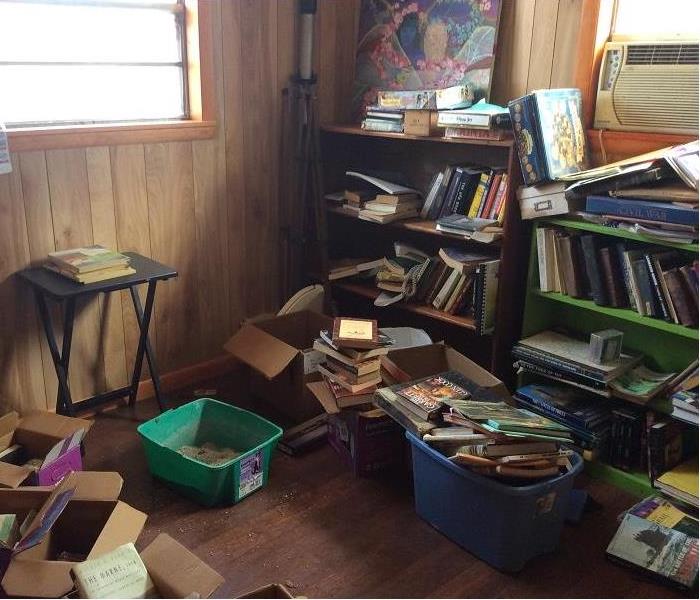 Books lay scattered about the room's floor. A dirty litter box sits in the middle of them with empty boxes to the left of it.
